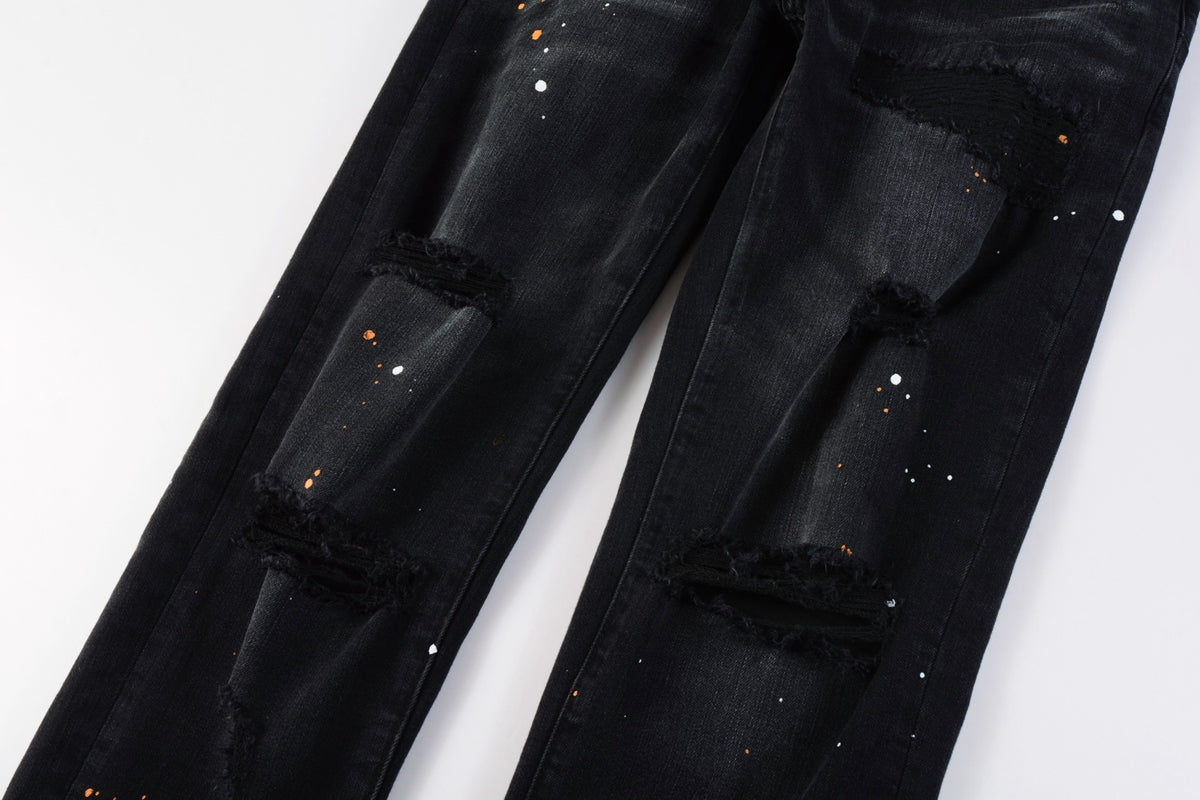 PURPLE Mens Jeans - Distressed Black Denim with Knee Slit and Ripped Hole 9045