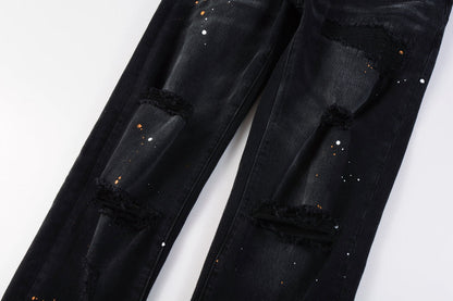 PURPLE Mens Jeans - Distressed Black Denim with Knee Slit and Ripped Hole 9045