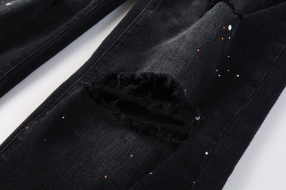 PURPLE Mens Jeans - Distressed Black Denim with Knee Slit and Ripped Hole 9045