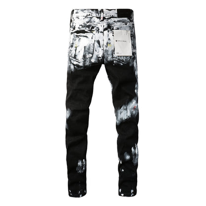 PURPLE Men Streetwear Skinny Jeans Black and White Graffiti Wash with Multi - Color Paint Accents 9020