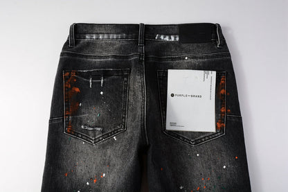 PURPLE Men Streetwear Skinny Jeans Dark Gray Wash with Distressed Rips and Multi-Color Paint Splatter 9018