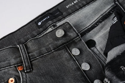PURPLE  Men Streetwear Skinny Jeans Dark Gray Wash with White Marbled Texture 9056