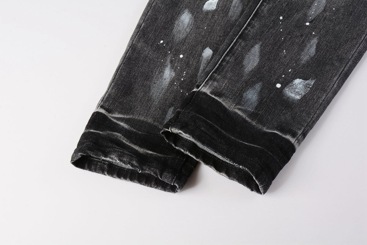 PURPLE Men Streetwear Skinny Jeans Dark Gray Wash with White Paint Splatter and Distressed Rips 9032