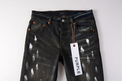 PURPLE Men Streetwear Skinny Jeans Dark Gray Wash with White Paint Splatter and Brush Strokes 9036