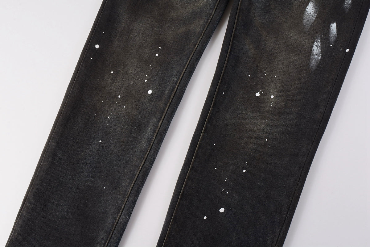 PURPLE Men Streetwear Skinny Jeans Dark Gray Wash with White Paint Splatter and Brush Strokes 9036