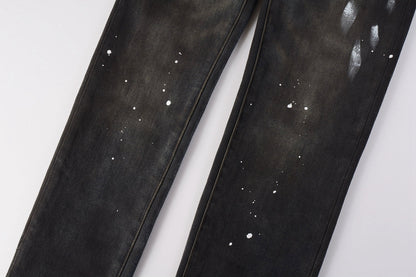 PURPLE Men Streetwear Skinny Jeans Dark Gray Wash with White Paint Splatter and Brush Strokes 9036