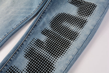PURPLE Men Streetwear Skinny Jeans Light Blue Wash with Black Pixelated Pattern Print 9052