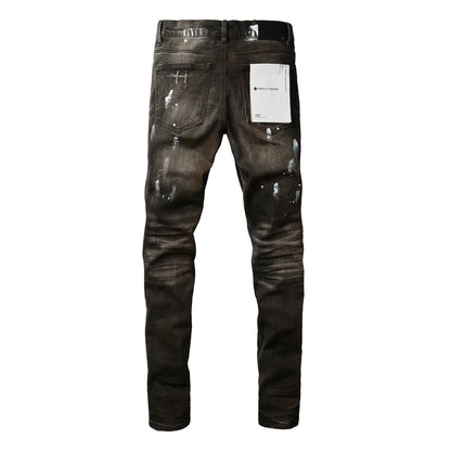 PURPLE Men Streetwear Skinny Jeans Dark Gray Wash with White Paint Splatter and Distressed Rips 9030