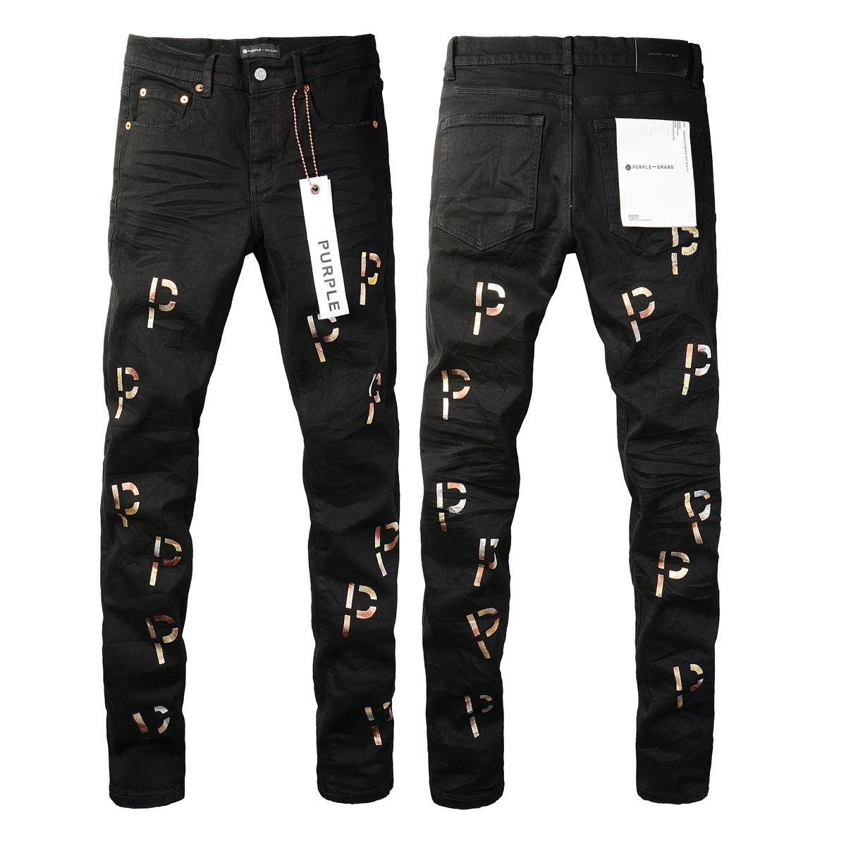PURPLE Men Streetwear Skinny Jeans Black Wash with All-Over Metallic Gold "P" Print 9008