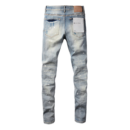 PURPLE Men Streetwear Skinny Jeans Light Blue Wash with Heavy Distressed Rips and White Paint Splatter 9003