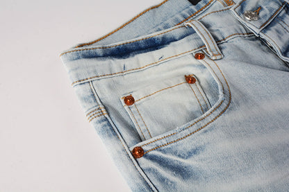 PURPLE Men Streetwear Skinny Jeans Light Blue Wash with White Paint Splatter and Subtle Distress 9006