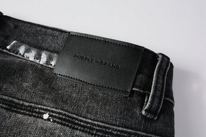 PURPLE Men Streetwear Skinny Jeans Dark Gray Wash with Distressed Rips and Multi-Color Paint Splatter 9018