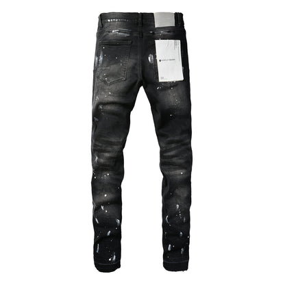 PURPLE Men Streetwear Skinny Jeans Black Fade Wash with White Paint Splatter and Distressed Rips 9002