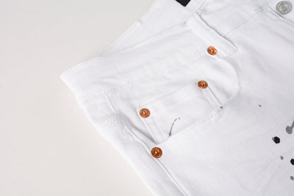 PURPLE Men Streetwear Skinny Jeans White Wash with Black Paint Splatter and Distressed Rip 9021