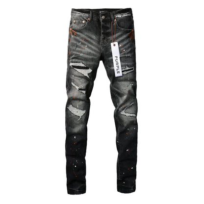 PURPLE Men Streetwear Skinny Jeans Dark Gray Wash with Distressed Rips and Multi-Color Paint Splatter 9018