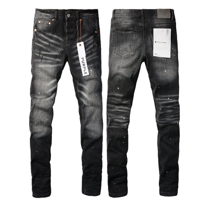 PURPLE Men Streetwear Skinny Jeans Black - Gray Fade Wash with White Paint Specks 9027