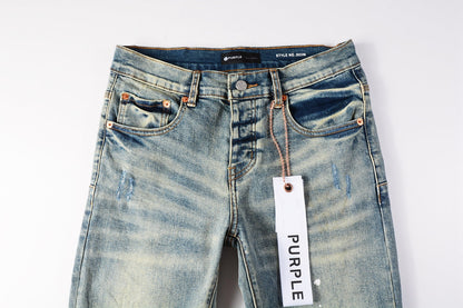 PURPLE Men Streetwear Skinny Jeans Light Blue Wash with Blue Patched Rips and White Paint Splatter 9050-1