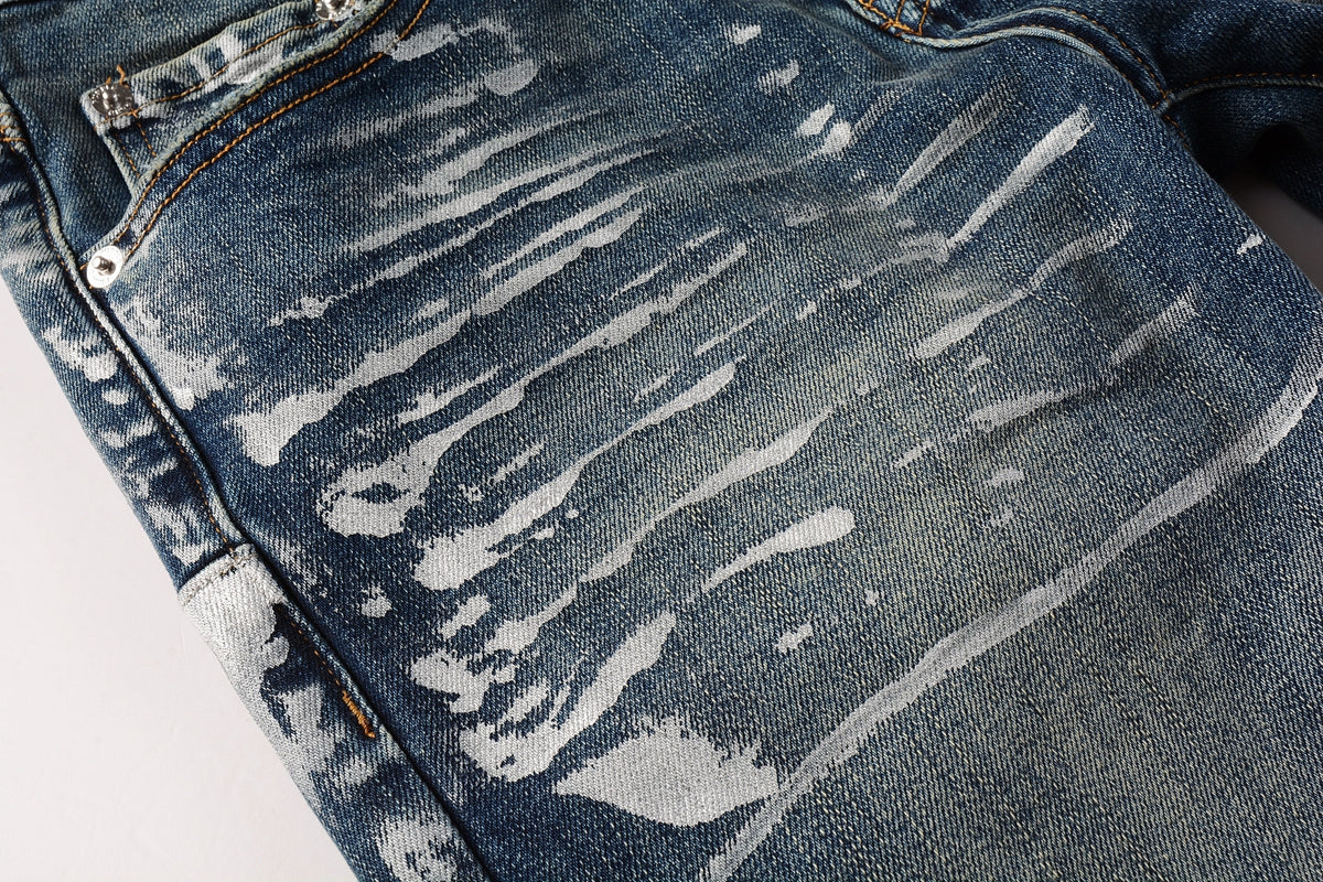 PURPLE Men Streetwear Skinny Jeans Dark Blue Wash with White Brushstroke Distress 9040