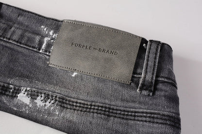 PURPLE Men Streetwear Skinny Jeans Dark Gray Wash with Knee Rips and White Paint Splatter 9039